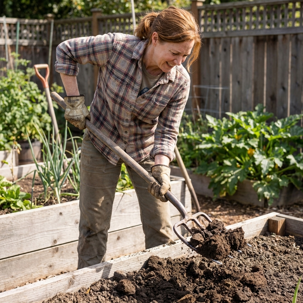 A gardener using a broadfork to gently lift and crack heavy clay soil in a raised garden bed