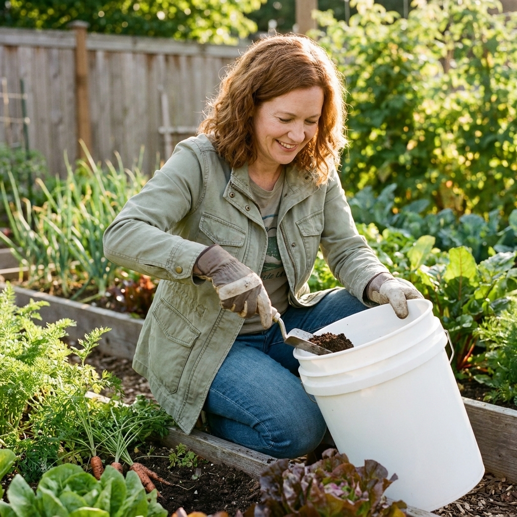 A gardener using a hand trowel to take a soil sample from a vegetable garden bed into a clean bucket