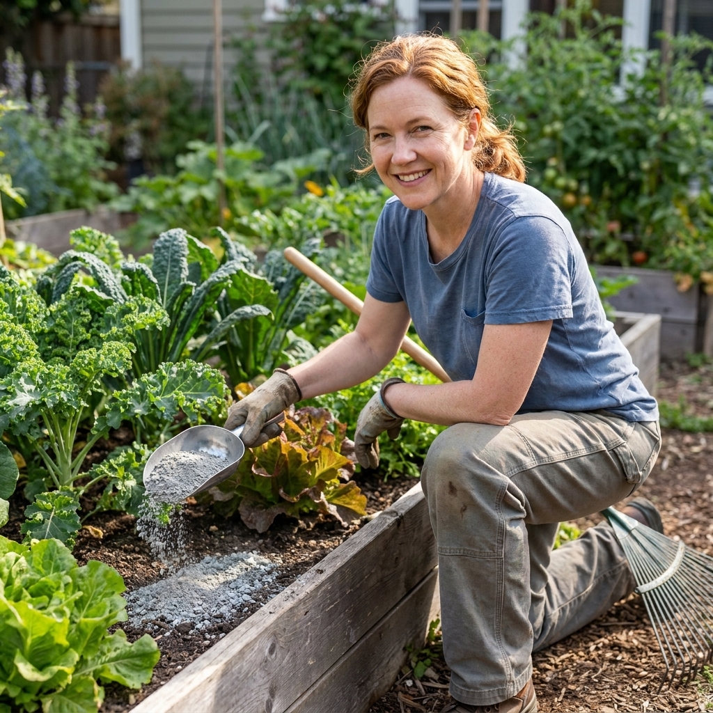 A gardener using a scoop to spread glacial rock dust over a raised bed of leafy greens with a rake nearby