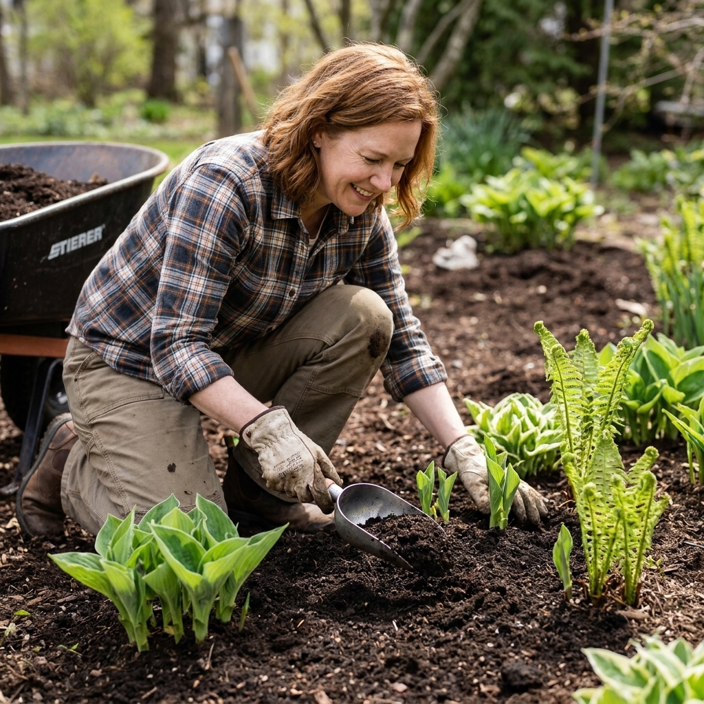 A gardener using a small hand scoop to spread compost evenly across a spring garden bed with emerging perennials, leaving the plant crowns uncovered