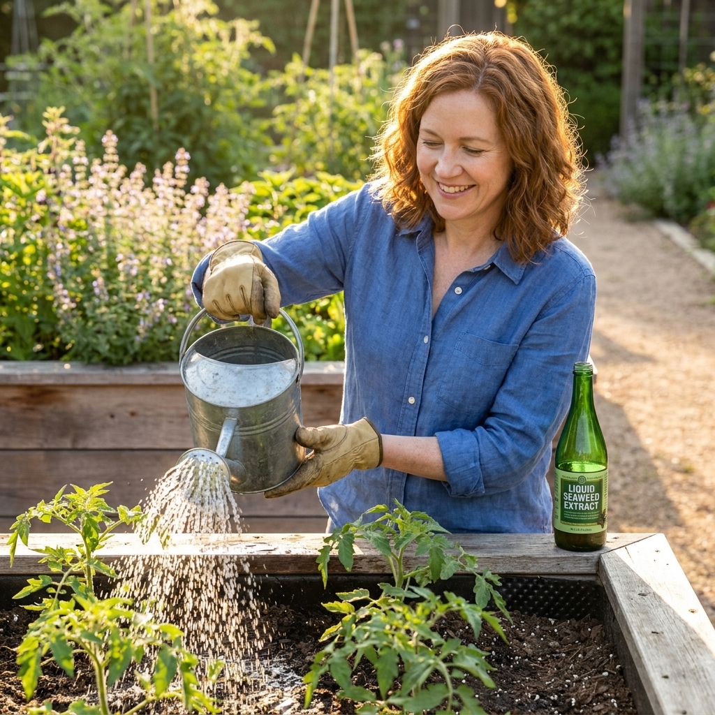 A gardener watering raised bed vegetables with a watering can beside a bottle of liquid seaweed extract on a sunny morning