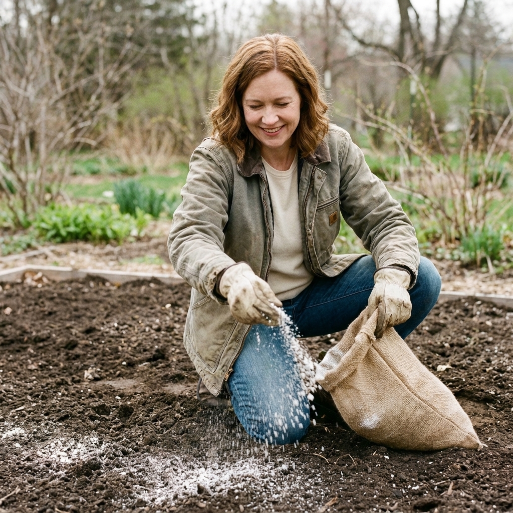 A gardener wearing gloves spreading garden lime by hand across a bare garden bed in early spring