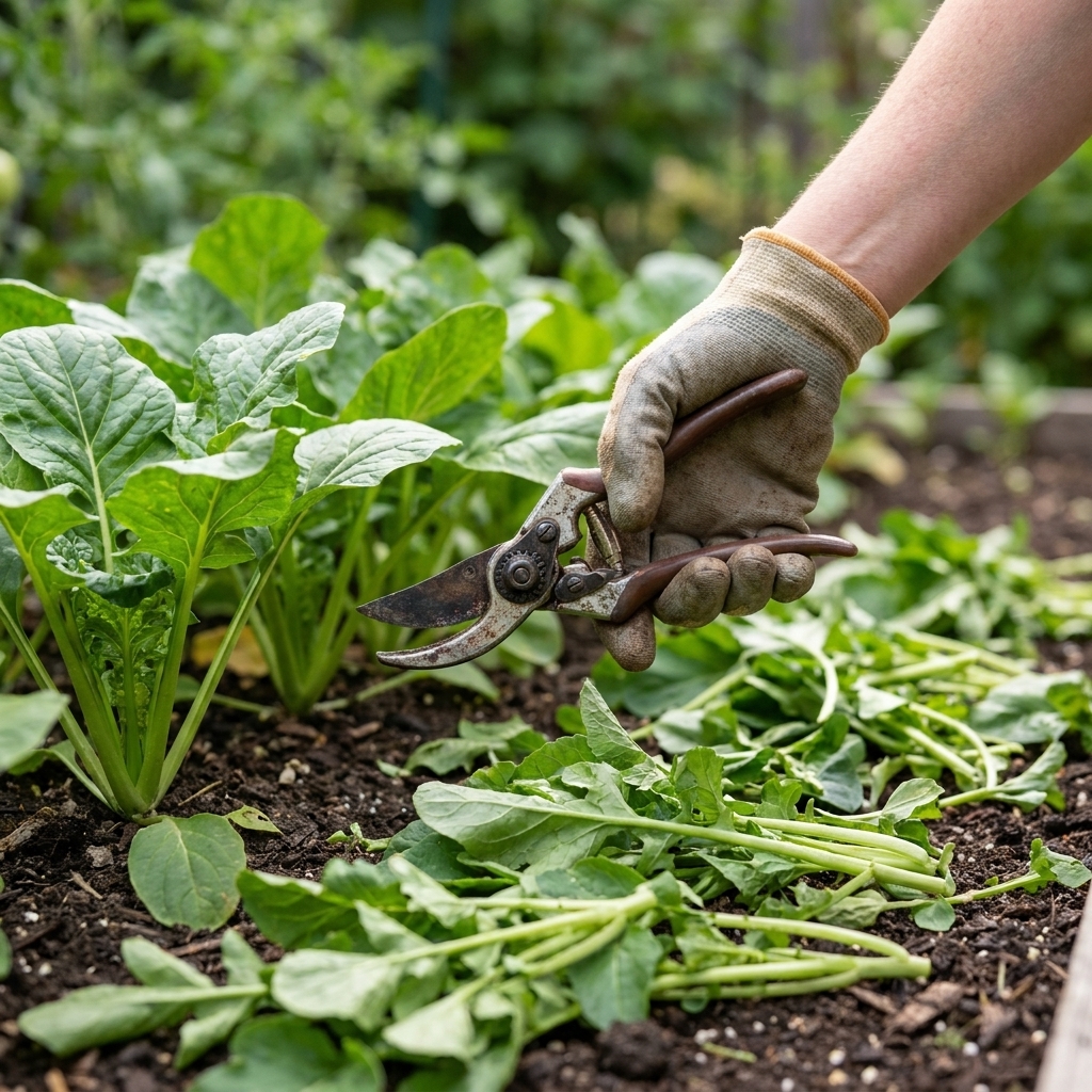 A gardener’s hand holding pruning shears over a garden bed with freshly cut leafy stems laid on the soil as mulch around established plants