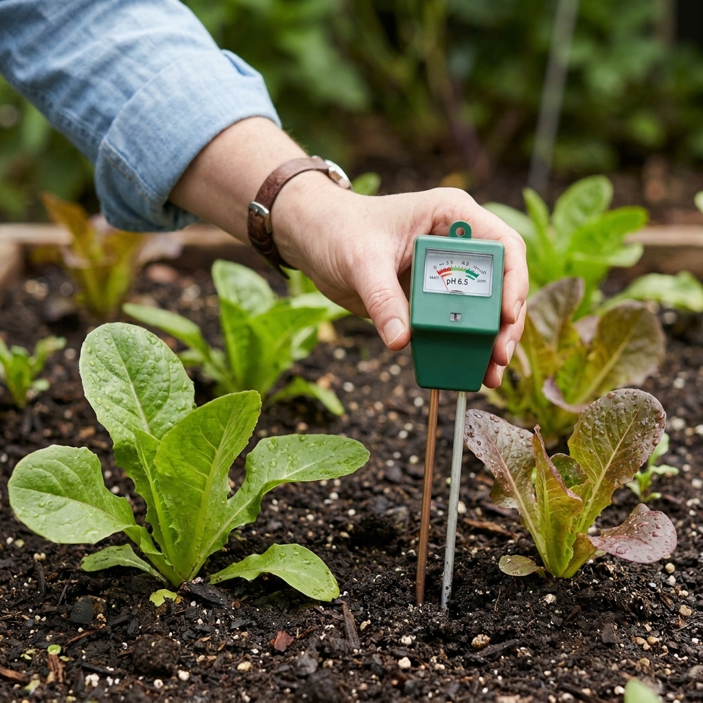 A hand holding a small soil pH test probe inserted into moist garden soil beside lettuce seedlings