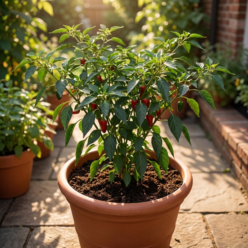 A healthy pepper plant growing in a large container on a sunny patio with potting mix visible