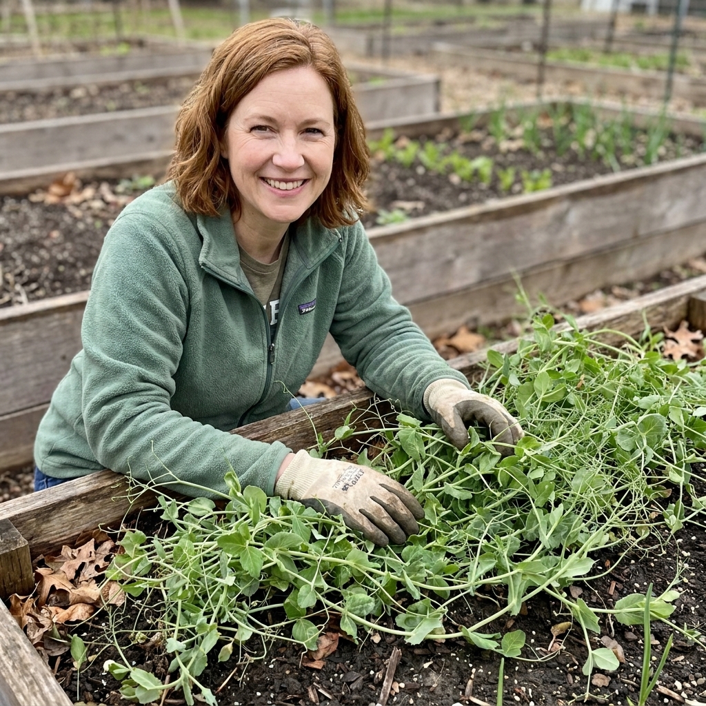 A home garden bed in early spring covered with Austrian winter pea vines and tendrils sprawling over the soil surface