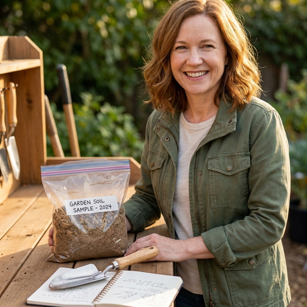 A labeled zip-top bag filled with dry soil on a potting bench next to a clean trowel and a notebook