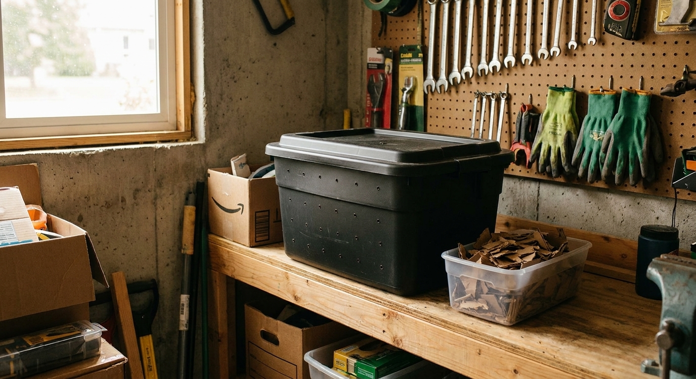 A lidded worm composting tote bin stored on a shelf in a garage corner with a small container of shredded cardboard nearby