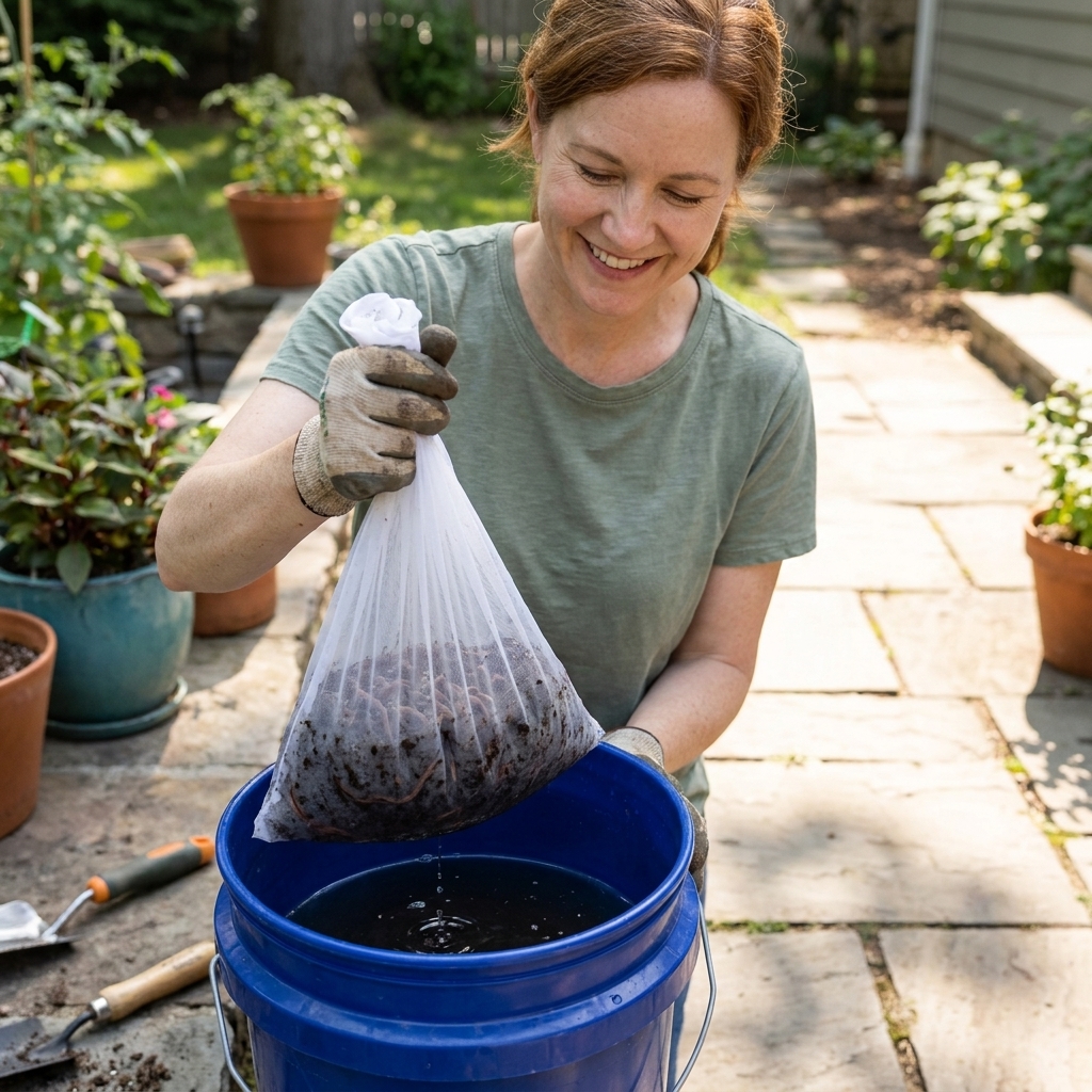 A mesh strainer bag filled with worm castings being lowered into a five-gallon bucket of water on a backyard patio