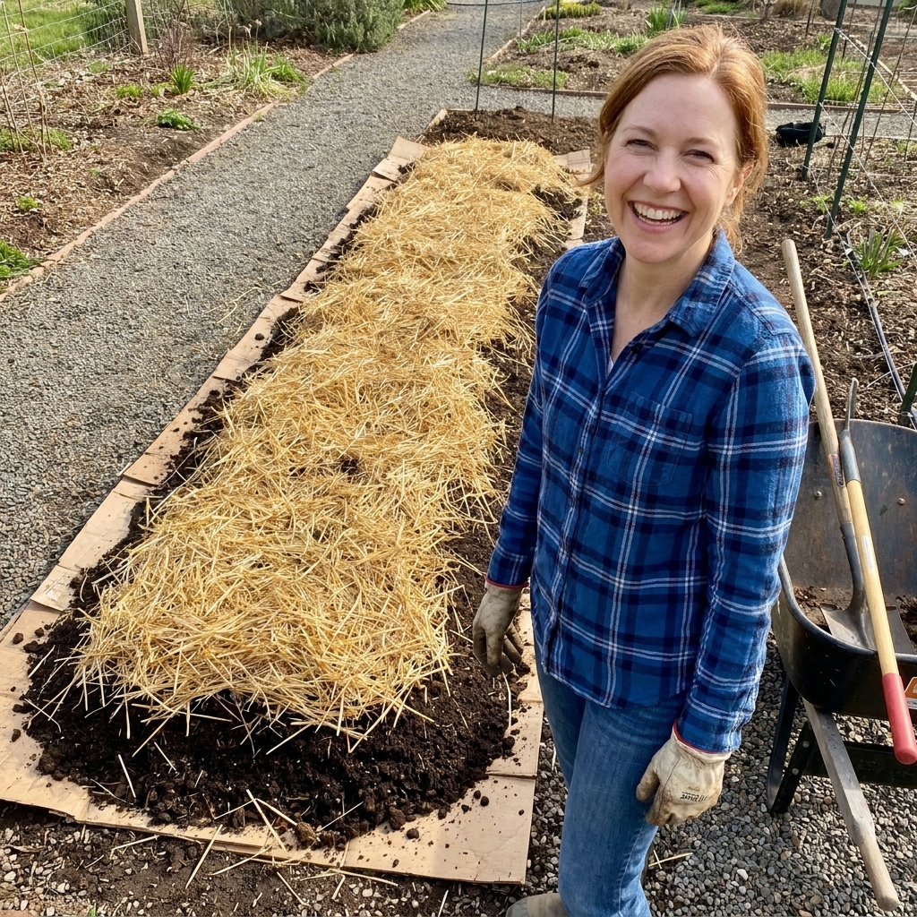 A newly built sheet-mulched bed topped with compost and a thick layer of straw mulch beside a garden path
