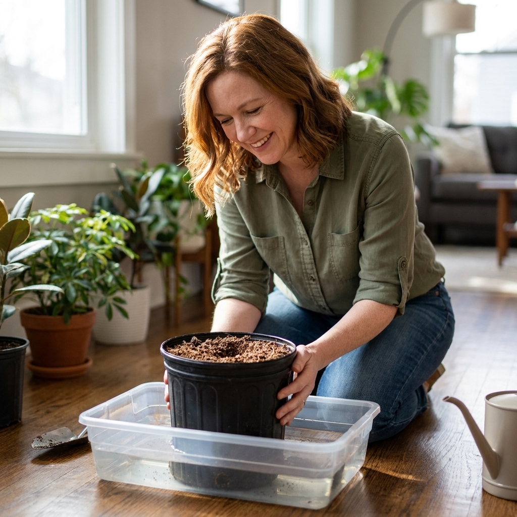 A nursery pot sitting in a shallow tub of water to rehydrate dried potting mix from the bottom