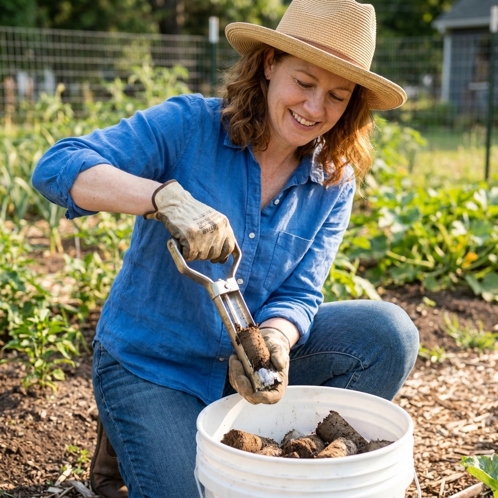 A person collecting several small soil cores from a garden bed into a clean bucket for mixing before testing