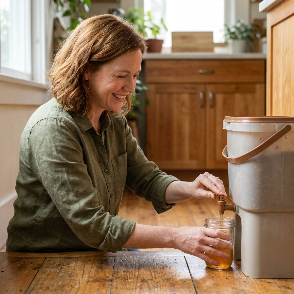 A person holding a small jar under a bokashi bucket spigot while a small amount of amber-colored liquid drains out