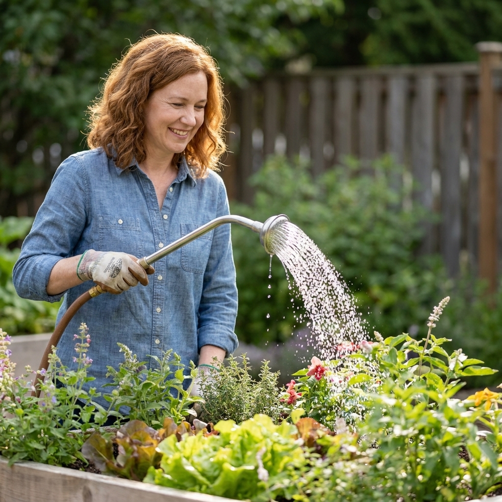 A person using a watering wand on a soft shower setting to water a garden bed slowly