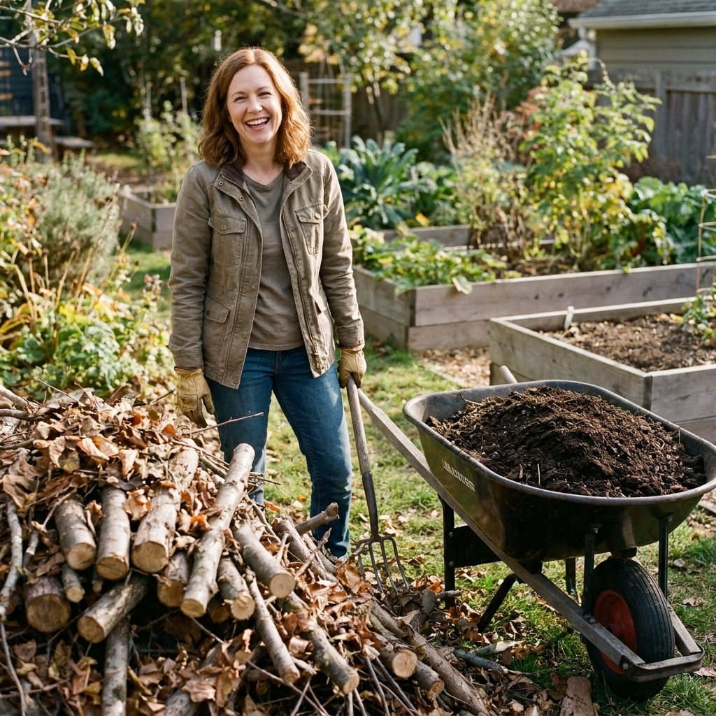 A pile of backyard materials for a hügelkultur bed including small logs, branches, dry leaves, and a wheelbarrow of compost staged beside a garden area