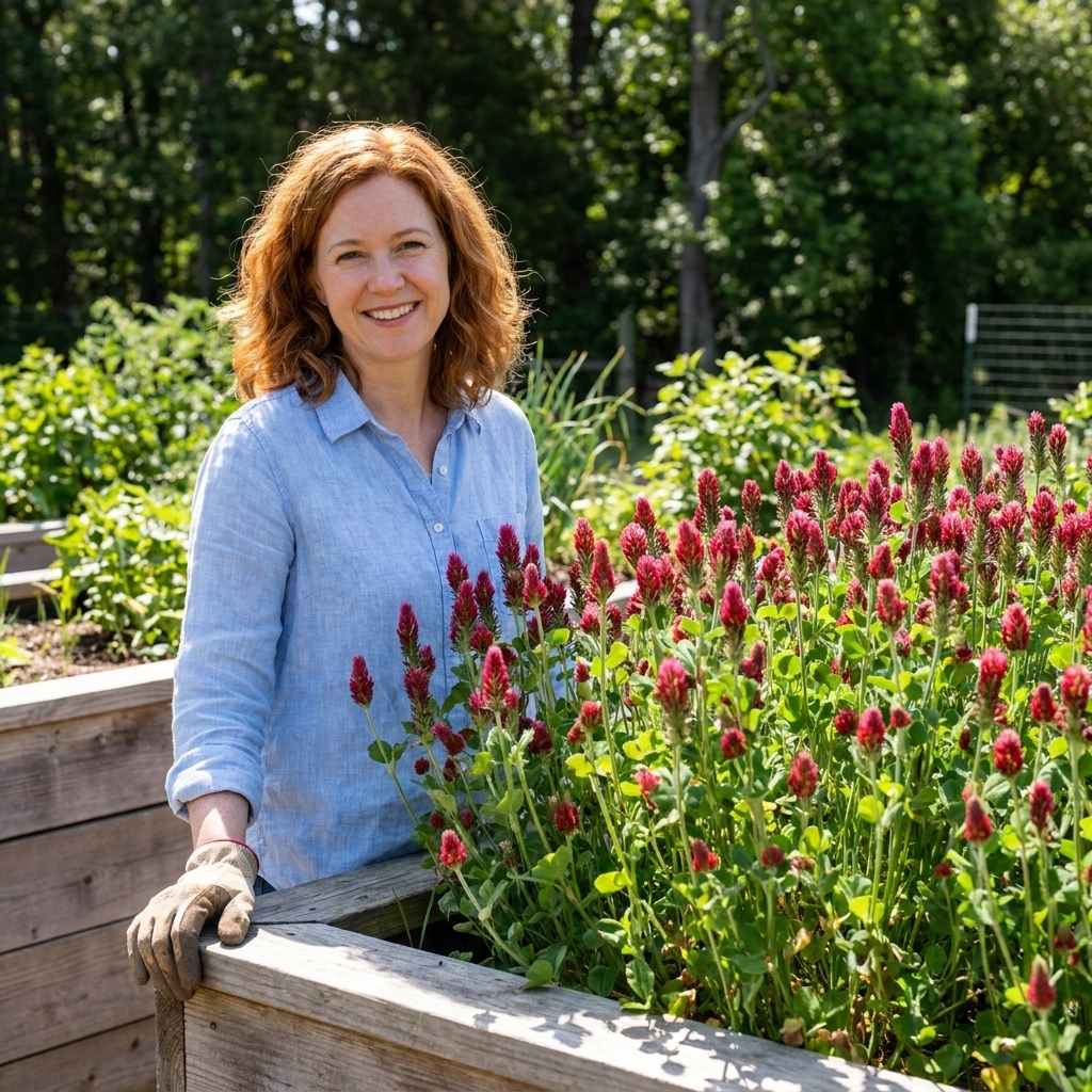 A raised garden bed filled with blooming crimson clover, with a wooden frame visible on a sunny day