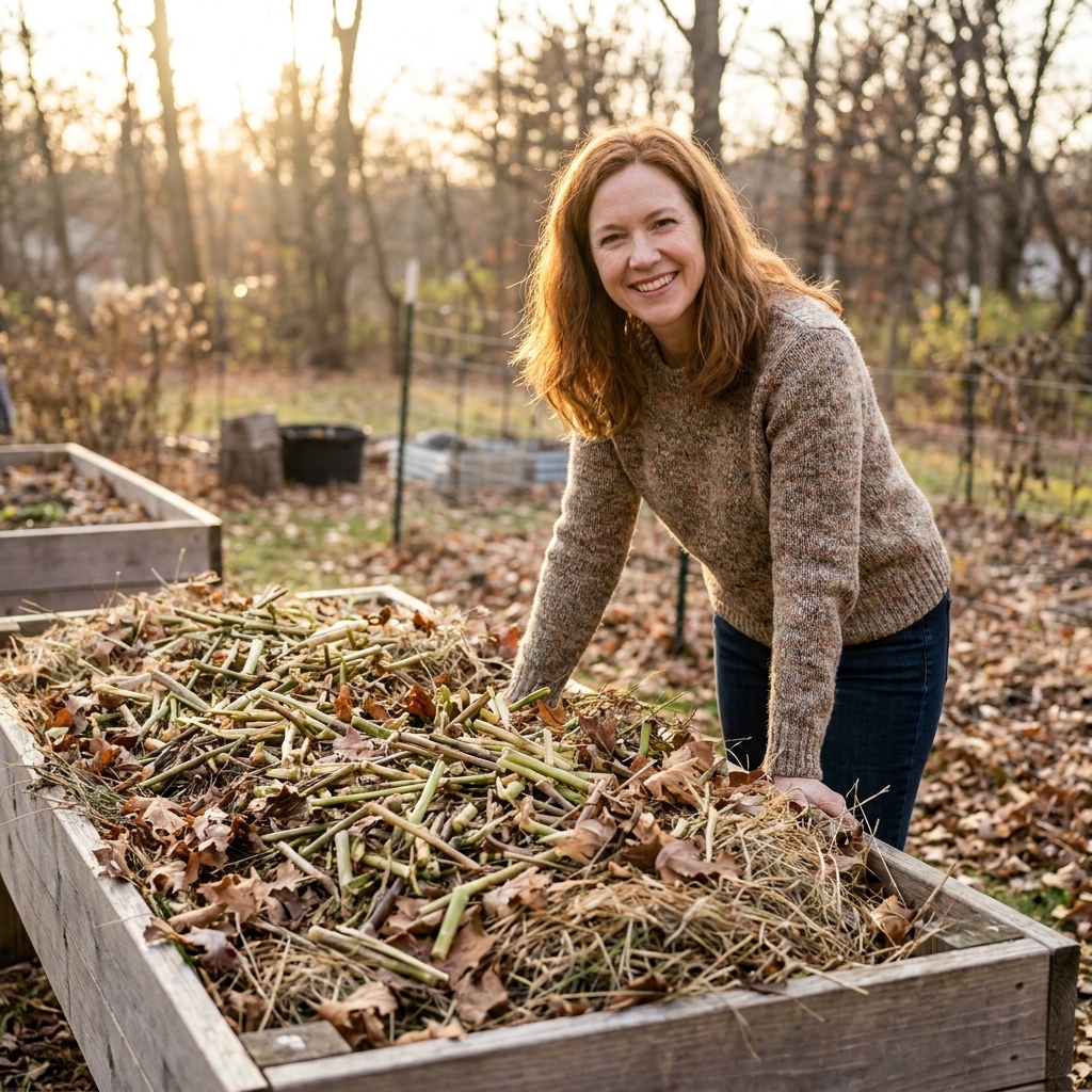 A raised garden bed in late fall with chopped plant stems and dry leaves spread across the soil surface as a protective mulch layer