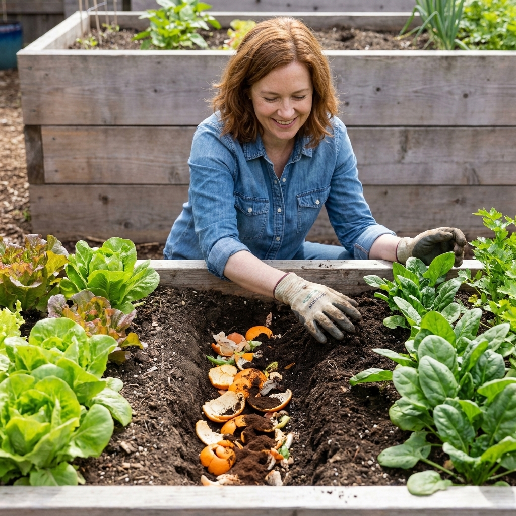 A raised garden bed with a freshly filled trench running down the center, kitchen scraps buried and covered with soil, with leafy greens growing along the sides