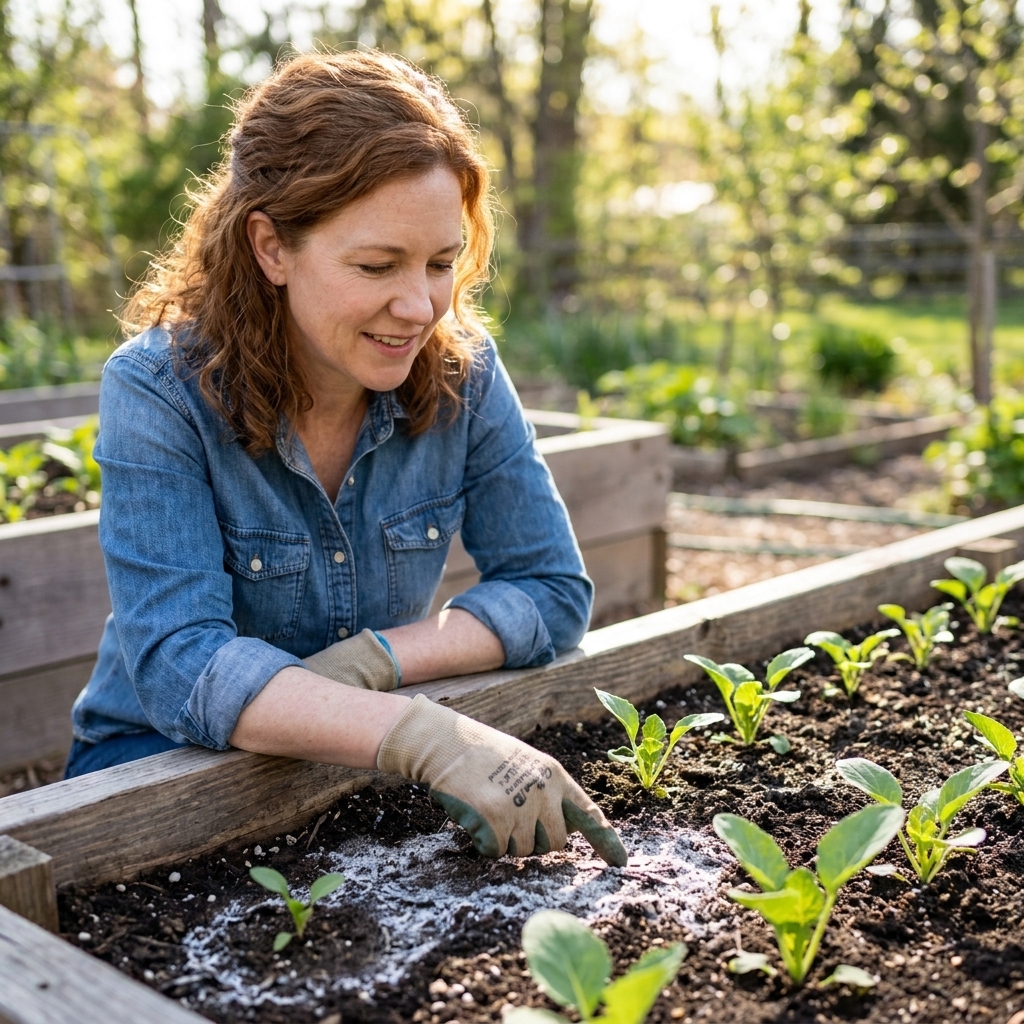 A raised garden bed with a thin white crust on the soil surface around small vegetable seedlings
