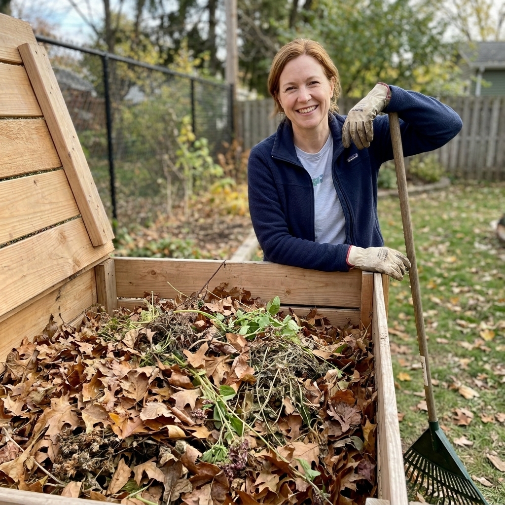A real backyard cold compost pile made of autumn leaves and garden trimmings in a simple open bin, with a rake leaning nearby
