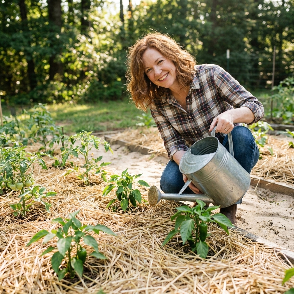 A sandy vegetable bed covered with a thick layer of straw mulch around young plants, with a watering can nearby