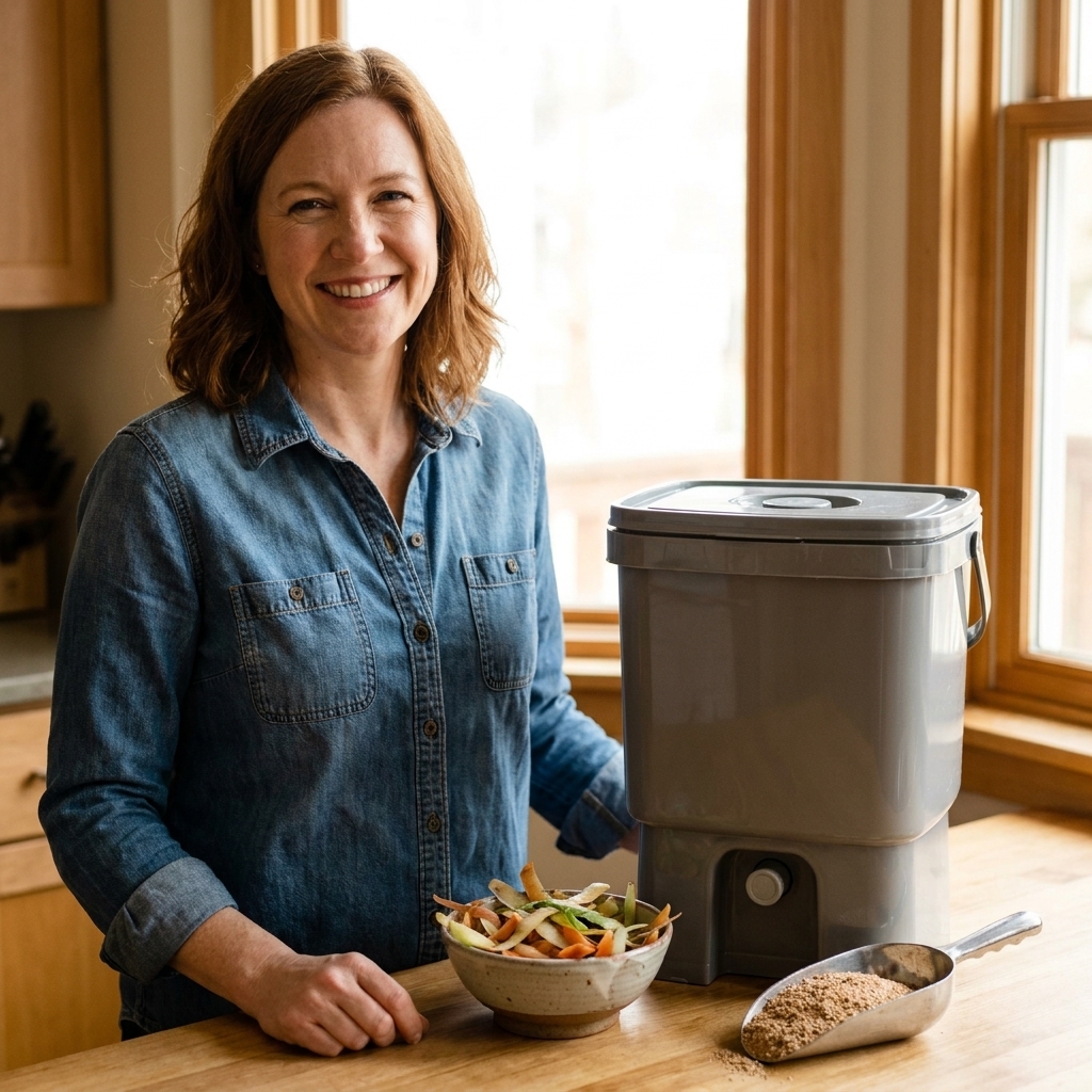 A sealed bokashi bucket in a kitchen next to a small bowl of food scraps and a scoop of bokashi bran