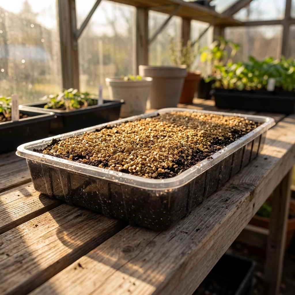 A shallow seed-starting tray filled with fine potting mix and a visible layer of vermiculite, sitting on a greenhouse bench with morning light