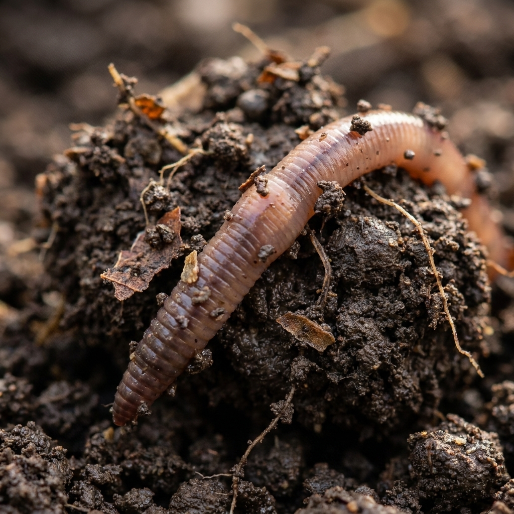 A single earthworm partially emerging from a clump of moist garden soil, with small crumbs of organic matter visible