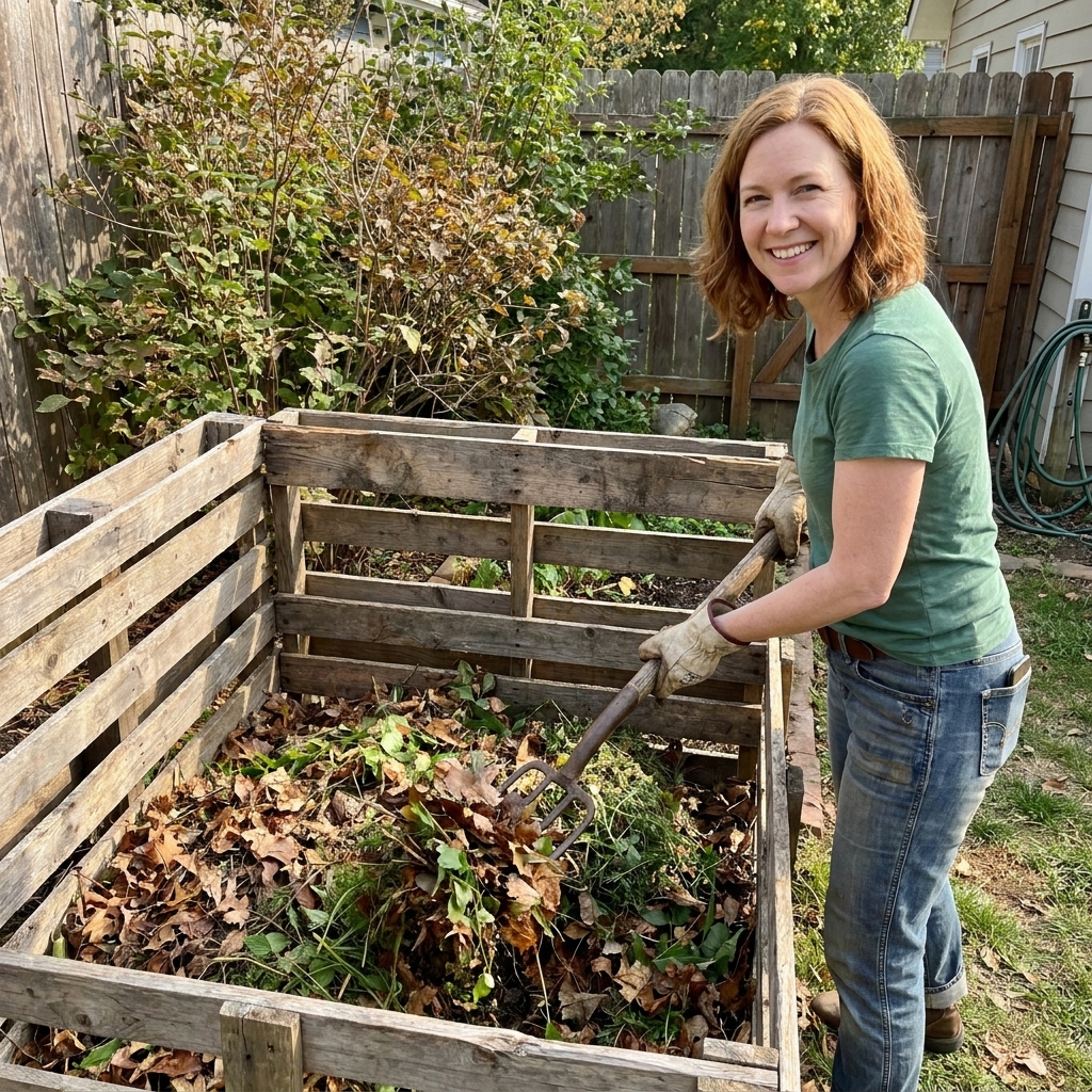 A single pallet-style compost bin in a backyard corner filled with leaves and garden trimmings