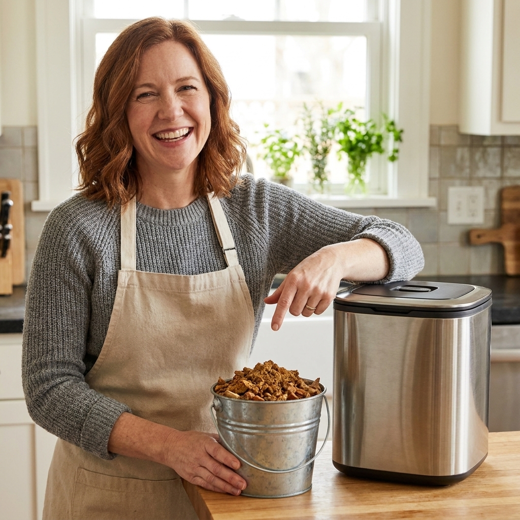 A small bucket holding dry, brown, crumbly processed food-scrap material next to a countertop composter
