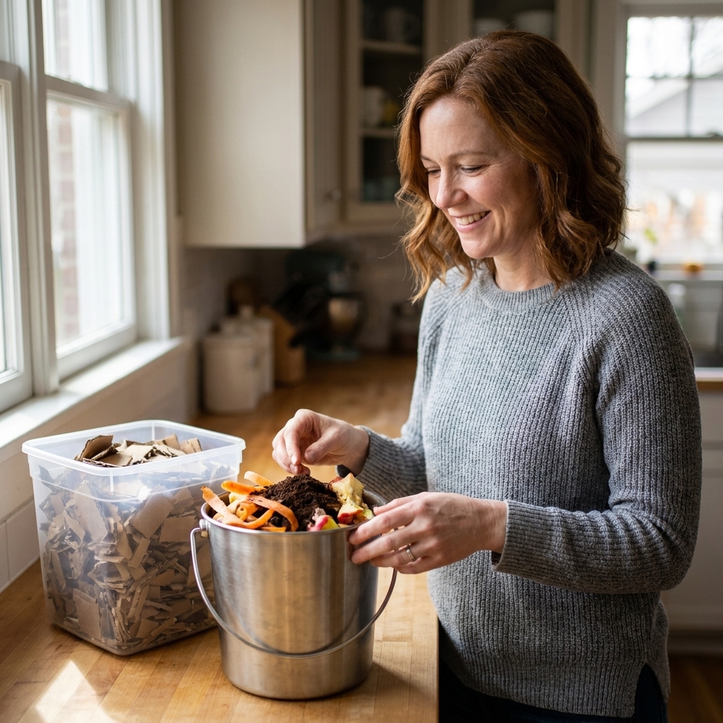 A small kitchen compost pail filled with vegetable peels and coffee grounds sitting on a countertop next to a container of shredded cardboard