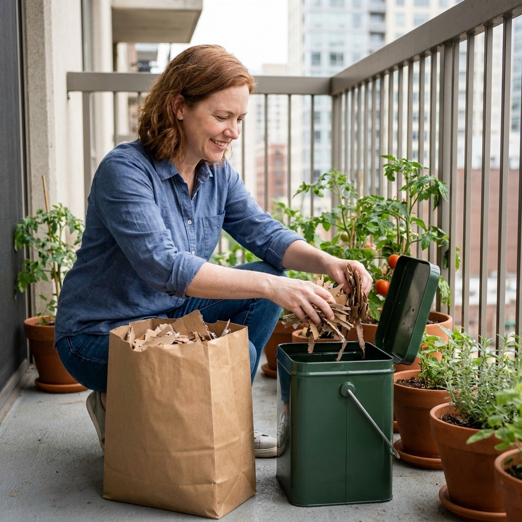 A small lidded compost bin sitting on an apartment balcony beside container plants with a bag of shredded cardboard nearby