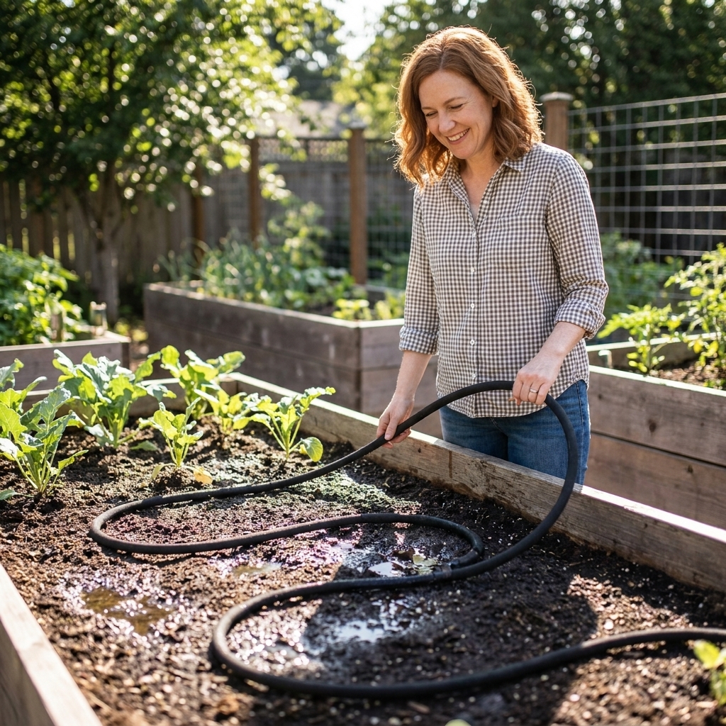A soaker hose laid in loops across a raised garden bed, slowly watering the soil