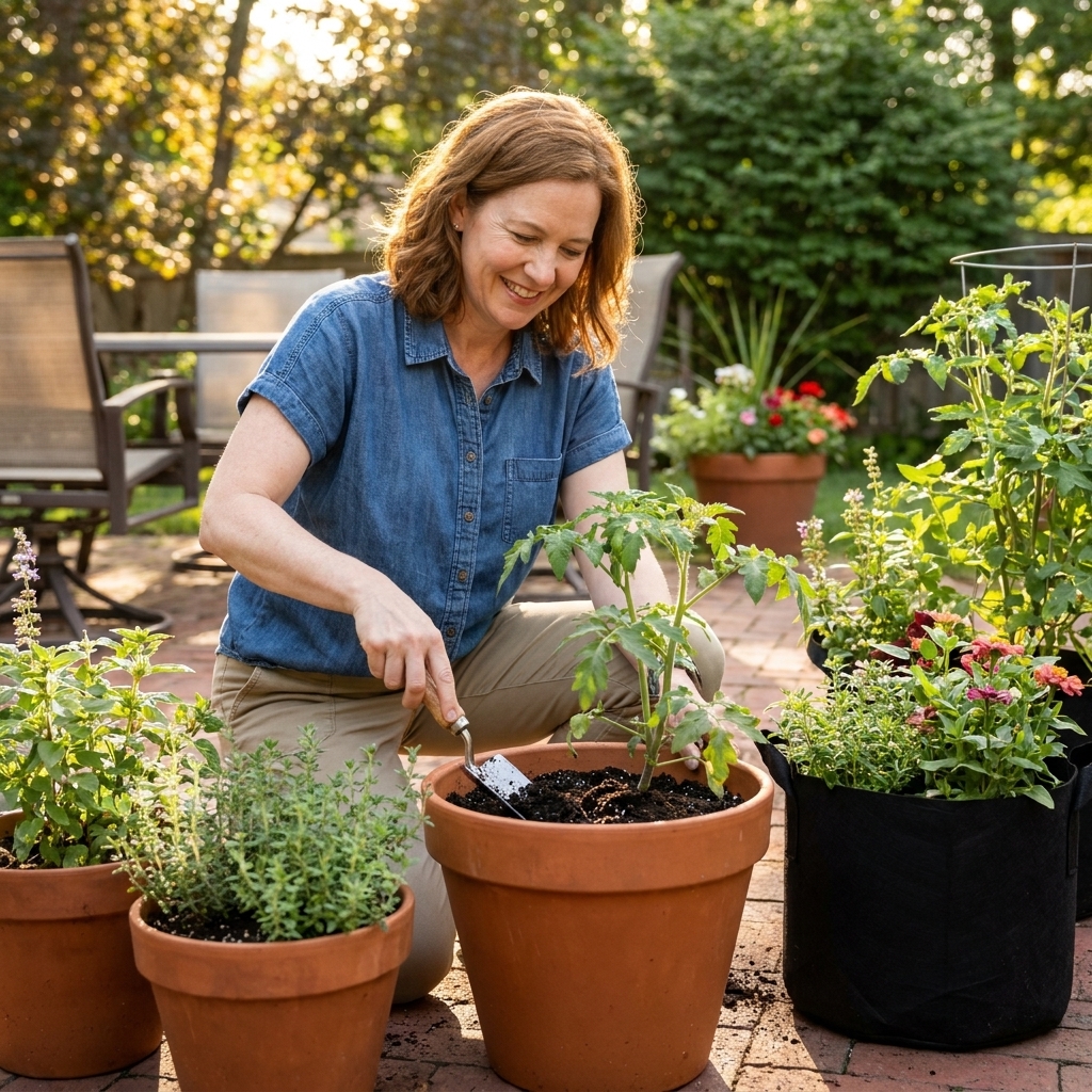 A sunny patio with several thriving container plants in terracotta and fabric pots, with dark refreshed potting soil visible at the surface