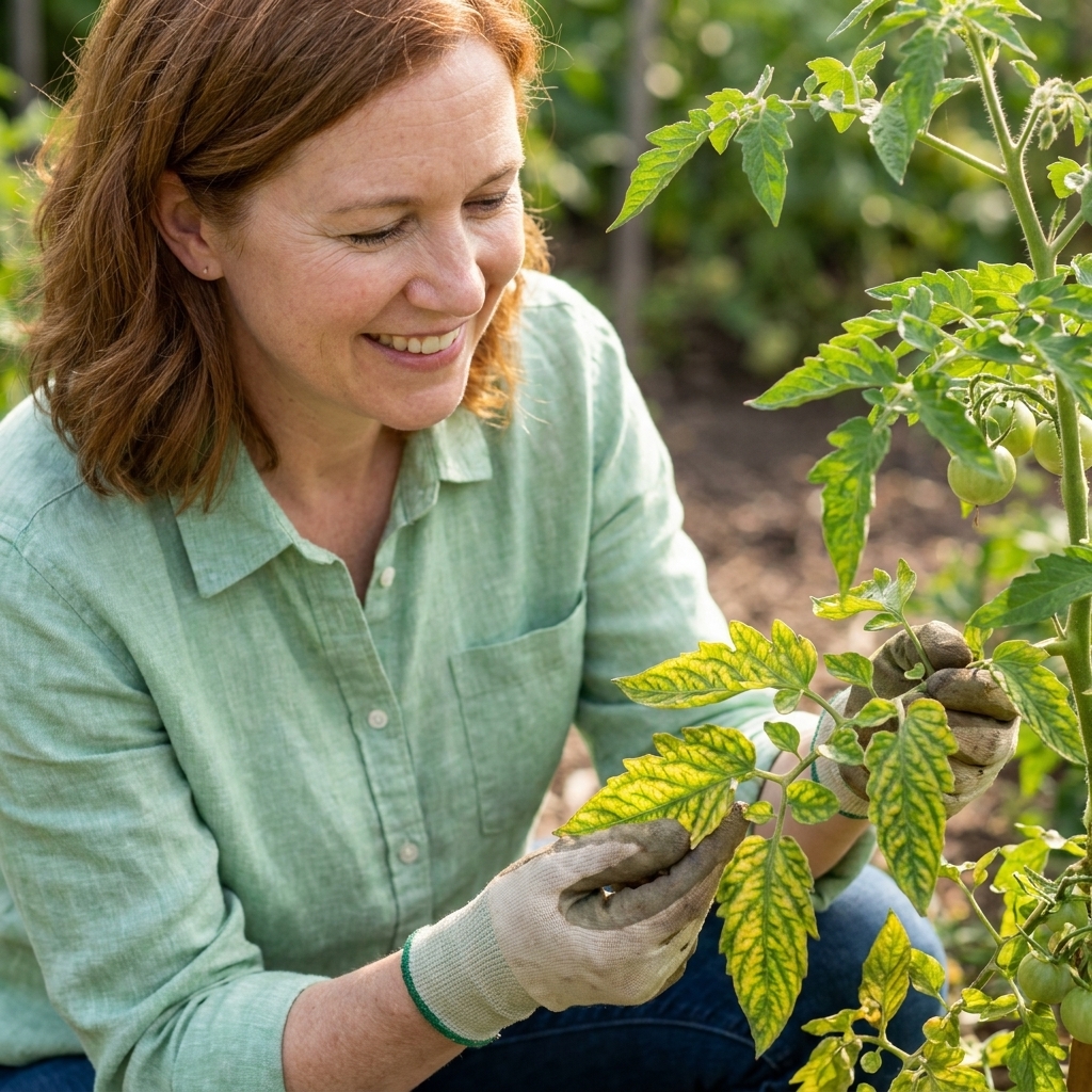 A tomato plant with older lower leaves showing interveinal yellowing while the veins remain green