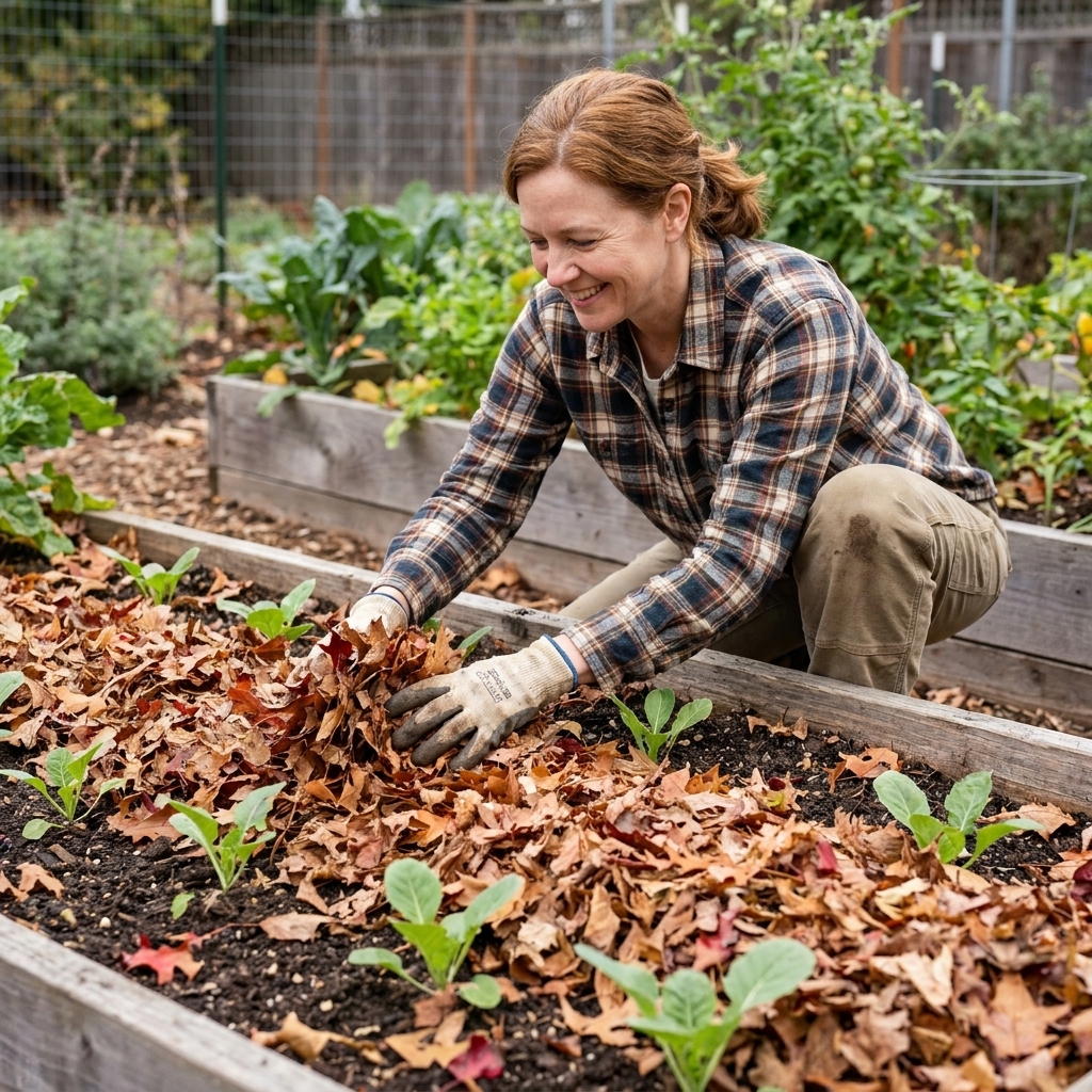 A vegetable garden bed covered in a thick layer of shredded autumn leaves used as mulch between small seedlings