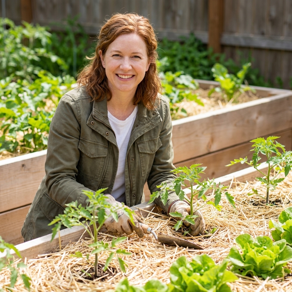 A vegetable garden bed with a light straw mulch layer between green plants