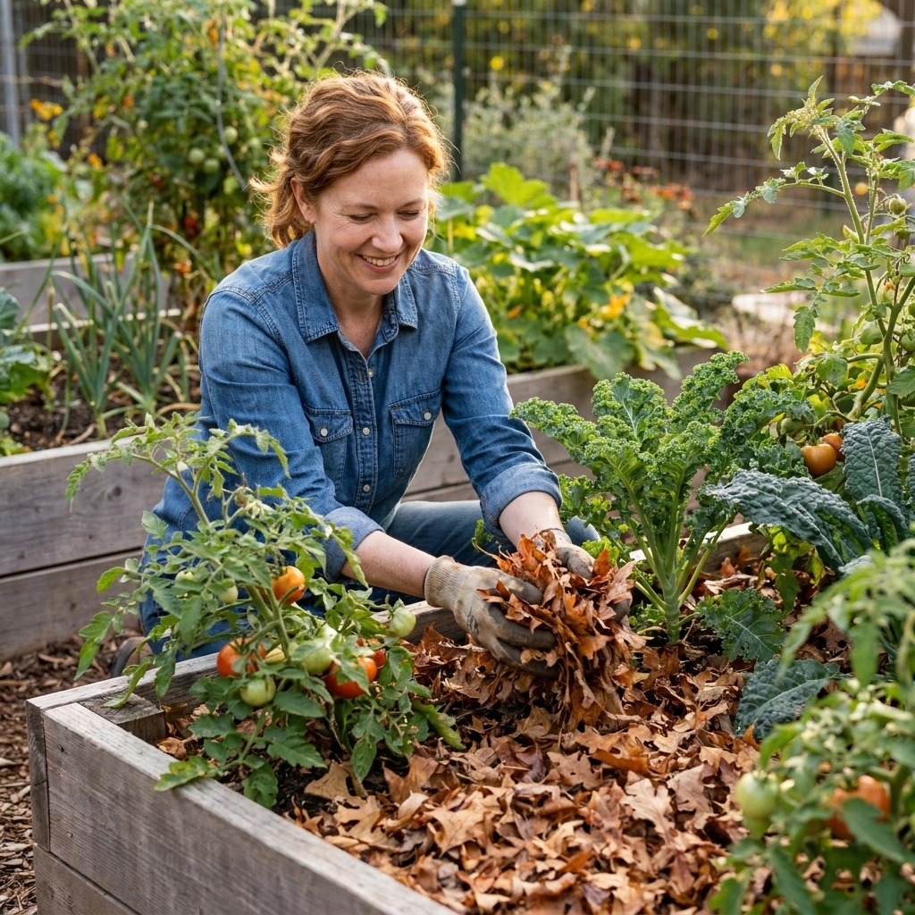 A vegetable garden bed with a thick mulch layer of shredded leaves around growing plants
