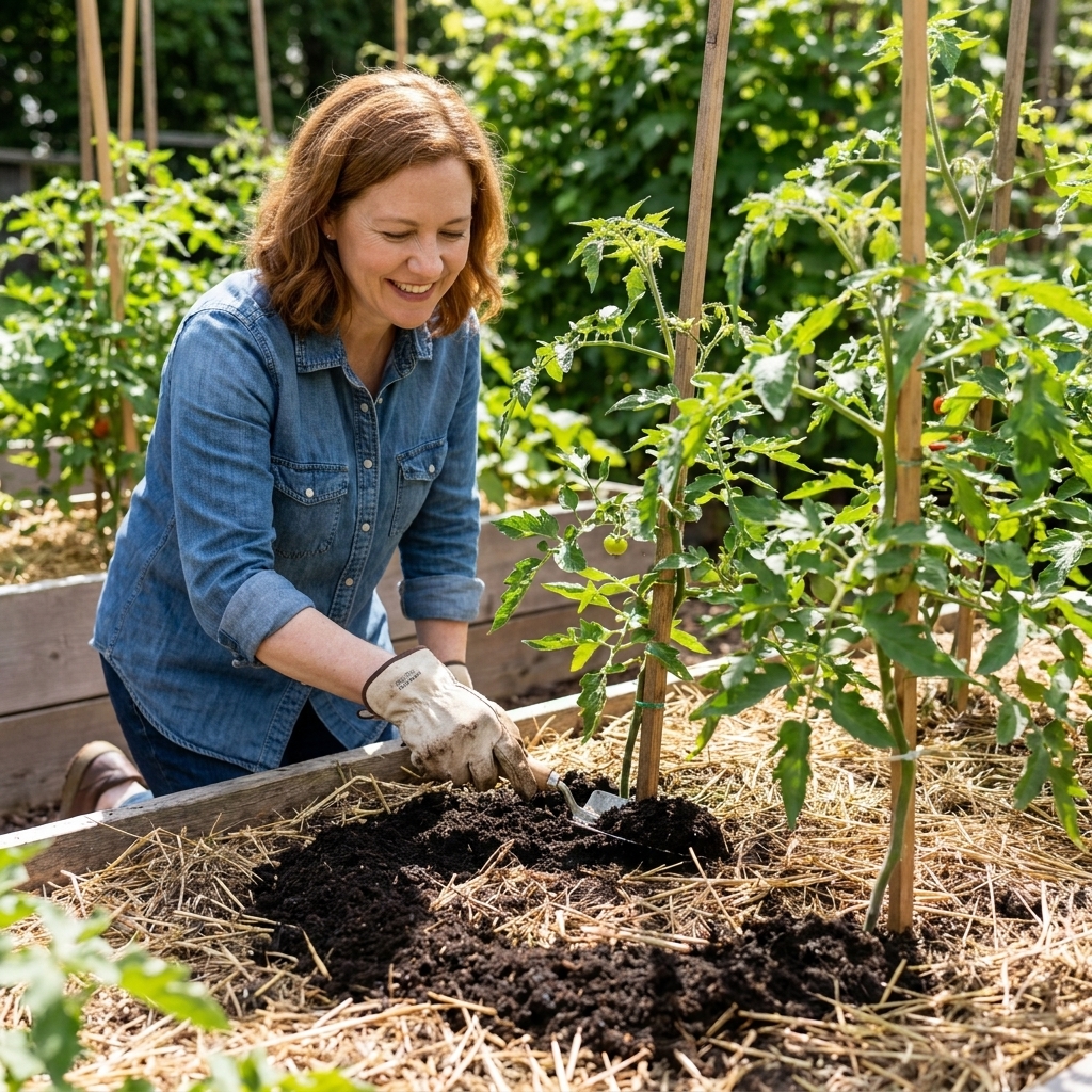 A vegetable garden bed with tomato plants staked and mulched, showing a fresh, thin ring of compost spread on the soil surface around each plant while the stems are left clear
