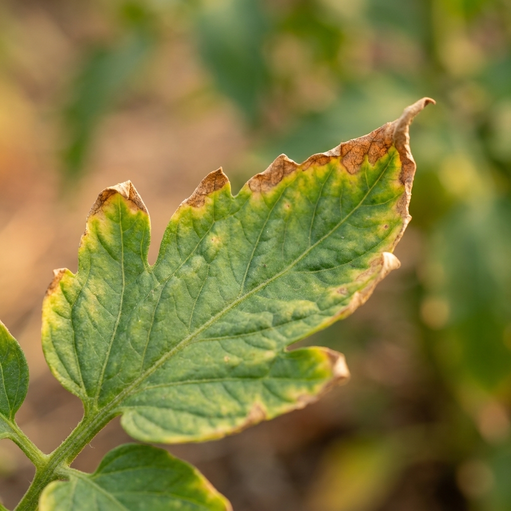 A vegetable plant leaf with browned, crispy tips and yellowing along the edges