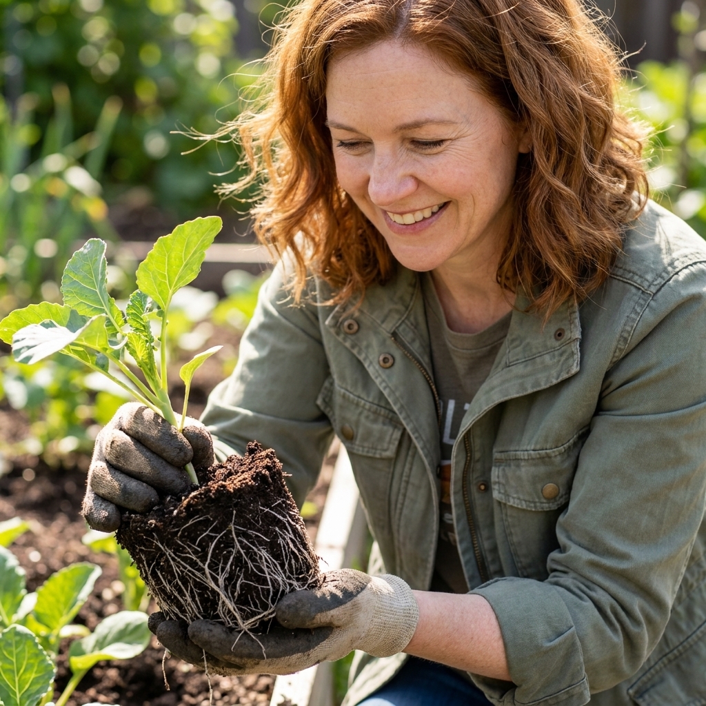 A vegetable seedling gently lifted to show a dense cluster of fine white roots mixed with dark soil, outdoors in a garden bed