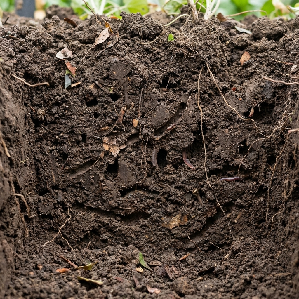 A vertical slice of garden soil showing small pores and worm burrows, with bits of roots and organic matter visible