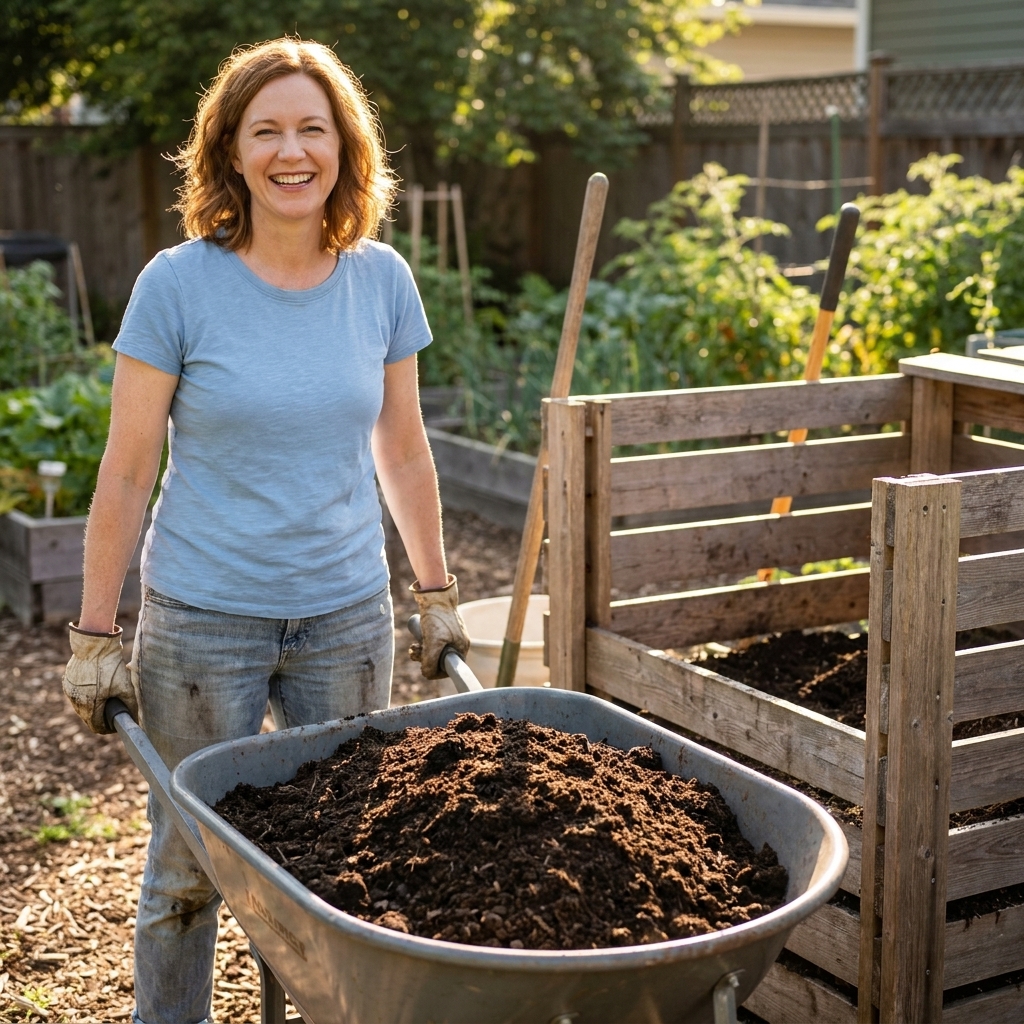 A wheelbarrow filled with dark, crumbly finished compost sitting beside a backyard compost bin on a sunny day