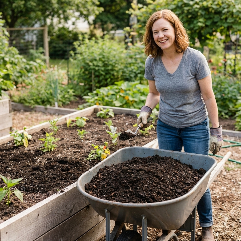 A wheelbarrow filled with dark, finished compost beside a garden bed ready for top dressing