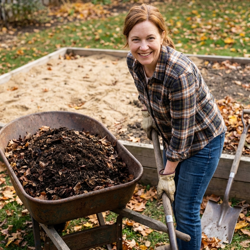 A wheelbarrow filled with dark leaf mold beside a sandy garden bed, with a shovel and fallen leaves nearby