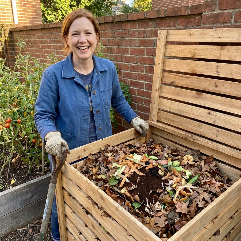 A wooden compost bin made from slats in a home garden corner, filled with leaves and kitchen scraps, with a garden fork leaning nearby