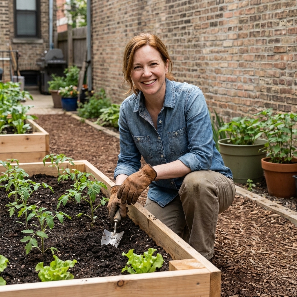 A wooden raised garden bed filled with dark, clean soil and young vegetable seedlings in an urban backyard with a mulched path