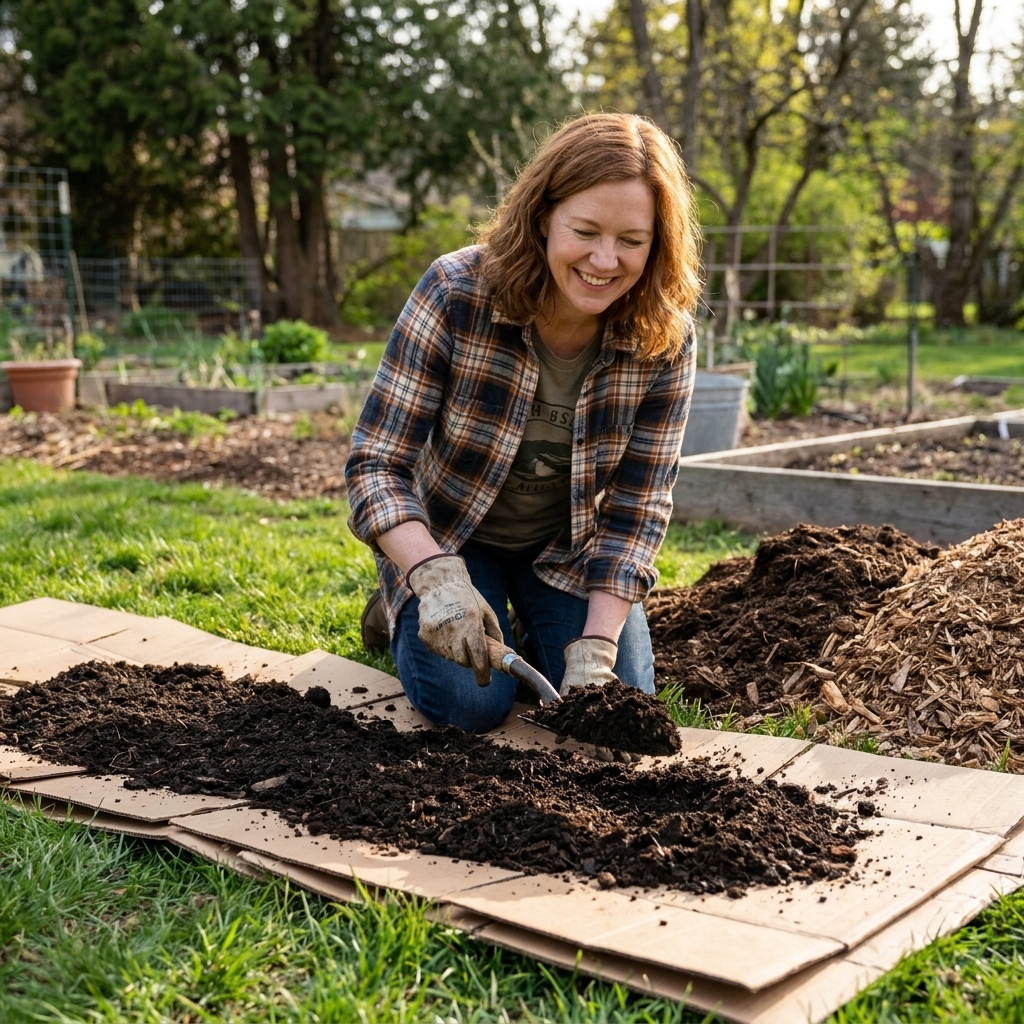 Cardboard laid over grass in a backyard garden area with compost and mulch spread on top, ready for sheet mulching