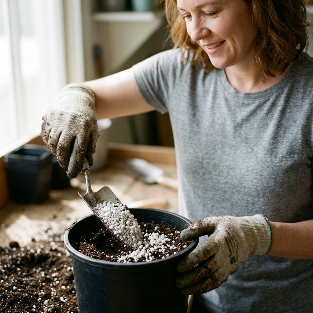 Close-up of damp perlite being mixed into dark potting soil in a black plastic nursery pot with a small hand trowel