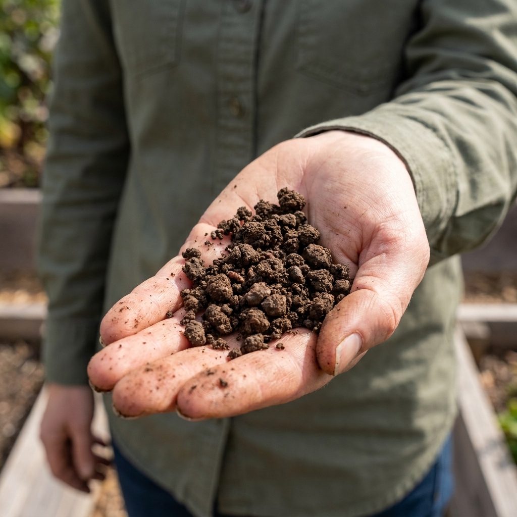 Close-up of dark brown soil crumbs and small aggregates resting in a gardener's palm, showing a granular structure